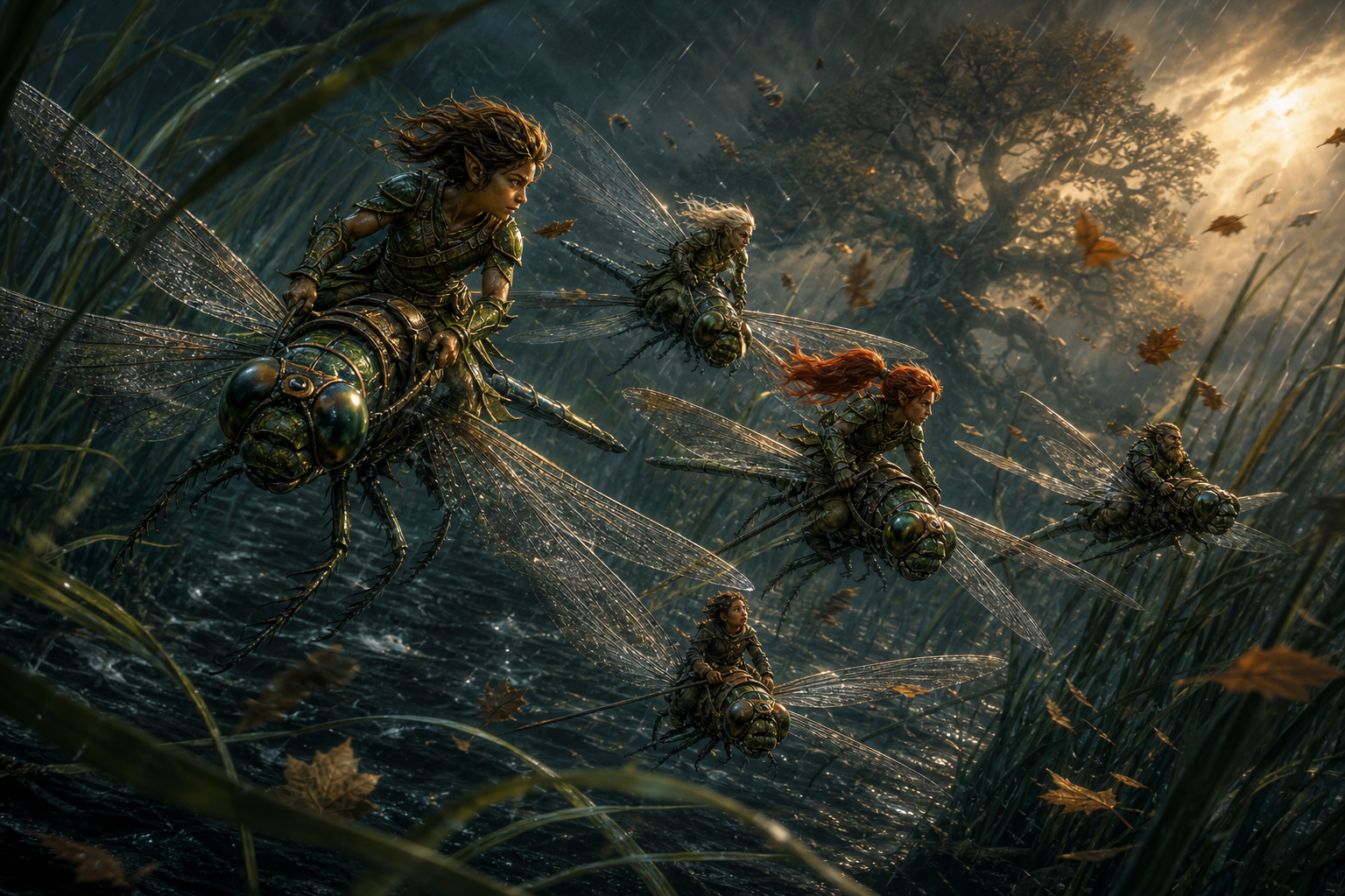 Four Aeralyn Skybound riders flying dragonflies in formation through an autumn storm above the pond