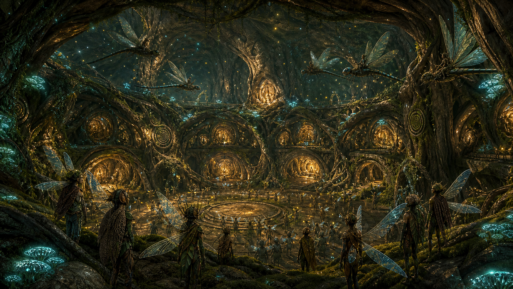 The glowing Heartwood Chamber inside the ancient white oak filled with Aeralyn and dragonflies